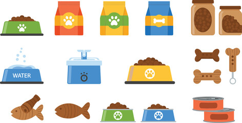 Pet Food and Accessories Icon Set with Bowls Treats Water and Canned Meals in Flat Vector Illustration