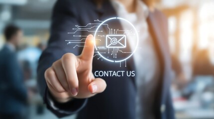 Businesswoman interacting with digital contact interface in modern office