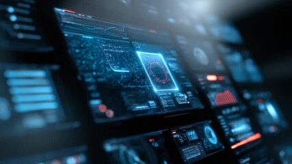 High tech dashboard with interactive screens, virtual data streams, symbolizing future digital transformation. Sleek blue tones highlight connectivity, analytics, information flow in smart - Powered by Adobe