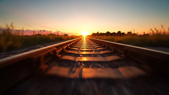 A scenic perspective of railway tracks leading towards a vibrant sunrise, highlighting the path