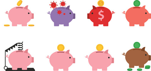 Obraz premium Piggy Bank Financial Concept Set Showing Savings Profit Loss Virus Impact and Economic Risk Flat Vector Illustration
