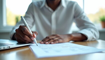 Plakat Man fills out insurance claim form with pen at desk. Person completes paperwork for damage report, compensation request, legal agreement, or application.