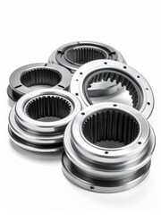 Naklejka premium Assortment of industrial metal splined rings with internal teeth for mechanical power transmission.