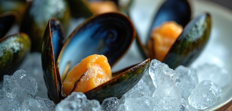 Fresh green mussels served on cracked ice. The blue black shells contrast with bright orange meat. Ideal for food blogs, restaurant menus, and culinary articles.