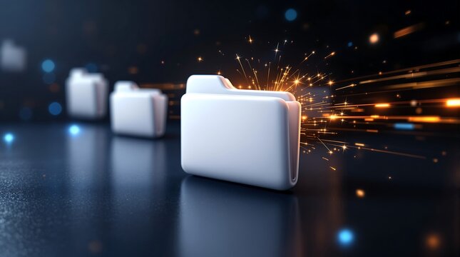 White file folders with glowing sparks on a dark background
