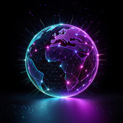 Futuristic Holographic World Map with Glowing Data Lines.