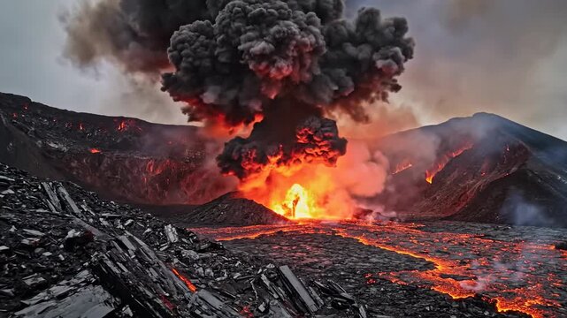 Volcanic eruption with billows of dark ash and glowing lava flows scarring the mountainside