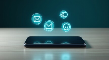 Smartphone with glowing communication icons floating above