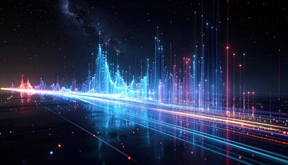 Abstract Digital Landscape: Glowing Data Visualization with Starry Sky
