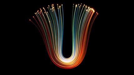 Vibrant colorful light trails forming a U shape on black