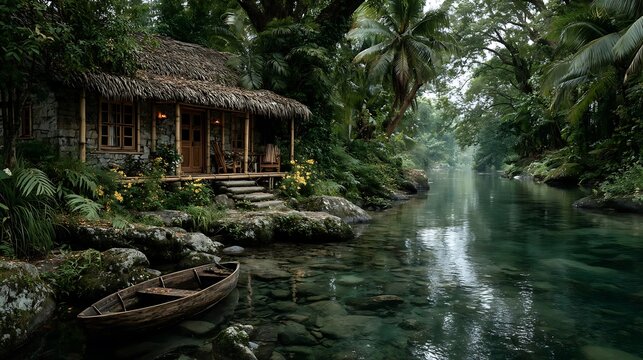 Clear river flowing near rustic bamboo hut high resolution photo