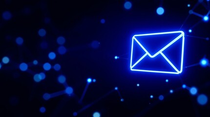 Fototapeta premium Modern email icon glowing bright blue against dark background