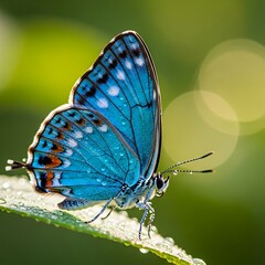 A vibrant blue butterfly, adorned with water droplets, perches delicately on a dewy green leaf, with a blurred, sunlit background