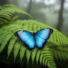 A vibrant blue butterfly, with intricate wing patterns, rests on a lush green fern in a foggy, natural environment