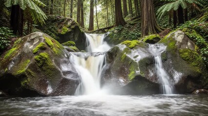 Serene forest waterfall cascading over mossy rocks