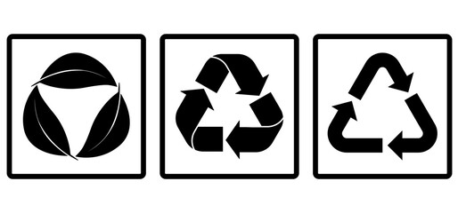 RECYCLE ICON symbol in black with new designs, leaf, reprocess, recycling, paper, glass, plastics 