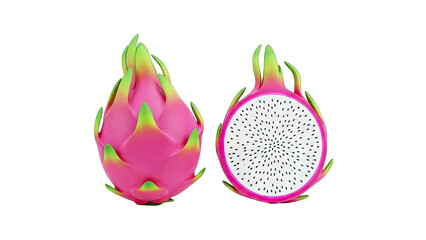 Dragon Fruit, Whole and Cut, on White Background