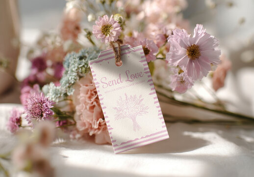 Delicate Flowers With Love Tag Mockup PSD