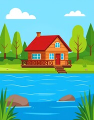 Cartoon cabin sits idyllically by a blue river, lush green nature all around