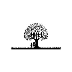 Obraz premium A family silhouette standing together on and beneath the branches of a large tree isolated on transparent background