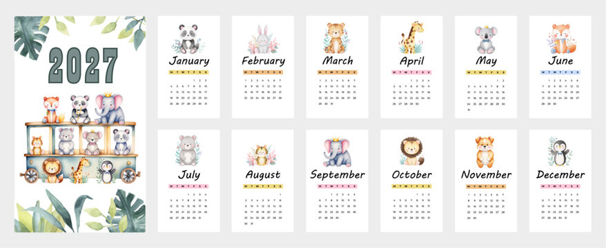 2027 Monday start kids babys calendar and planner poster with cute watercolor animals for children