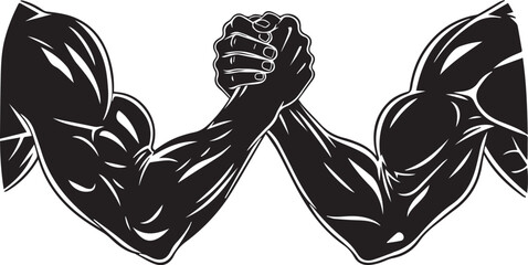 Silhouette of two muscular arms locked in a strong handshake symbolizing competition and strength