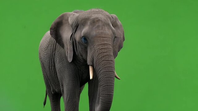 African Elephant Facing Camera with Curled Trunk on Green Screen Background