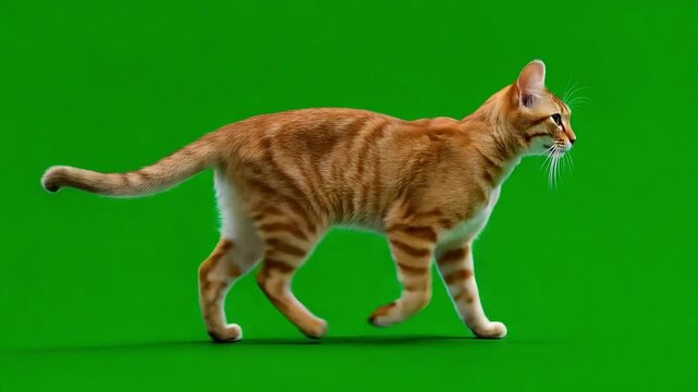 Orange Tabby Cat Walking Side View on Green Screen Background