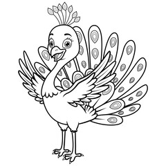 Happy Cartoon Peacock Outline for Coloring Book