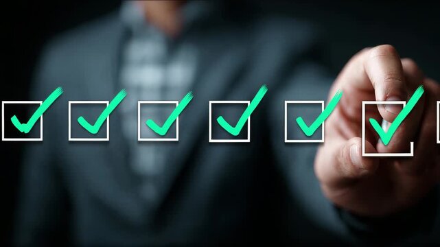 Businessman checking green checkboxes on transparent virtual interface screen. concept of completion and success. Technology Readiness Checklist