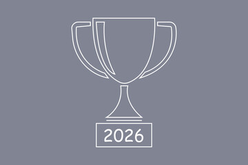Minimal Line Trophy Cup Icon with 2026 Year Vector Illustration on Gray Background
