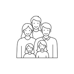 A simple black and white line art illustration of a happy family of five smiling together. isolated on transparent background