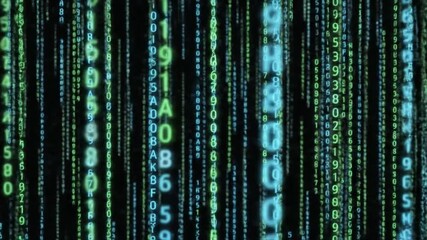 Dynamic digital code streaming down screen in blue and green hues - Powered by Adobe