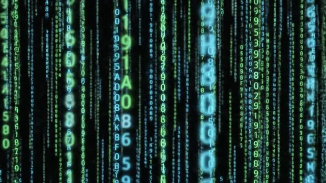 Dynamic digital code streaming down screen in blue and green hues