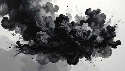 Monochrome depiction of a dramatic dark smoky explosion