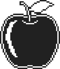 Fototapeta premium Retro pixel art black apple icon with leaf minimalist monochrome fruit symbol in 8 bit isolated on transparent background