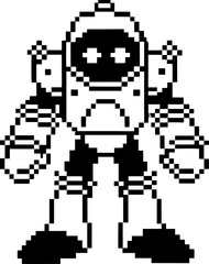 Fototapeta premium Retro pixel robot character with armored suit and mechanical arms standing in heroic pose, minimalist black and white 8 bit