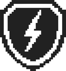 Obraz premium Pixel shield emblem with lightning bolt symbol, retro 8 bit security icon, minimalist black and white gaming badge design
