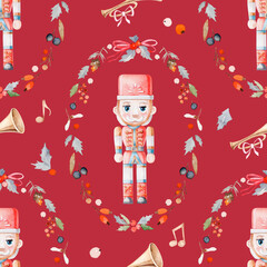 Nutcracker Christmas Pattern &mdash; Watercolor Toy Soldier and Winter Foliage