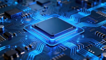 Closeup of a glowing blue circuit board