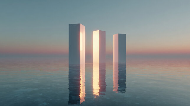 Serene landscape features three tall, white pillars reflecting light over calm water surface, creating tranquil and economic atmosphere in bloc