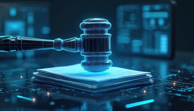 Digital wireframe gavel strikes stack of papers. Futuristic law concept with glowing circuit board background. Online court decision, abstract justice system in cyber space. - Powered by Adobe