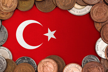 Coins on flag of Turkey trading investment business currency concept
