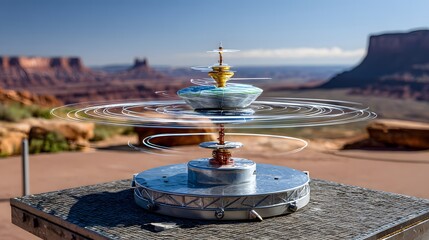 Spinning kinetic sculpture with concentric rings in a desert landscape
