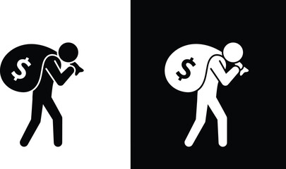 Thief carrying money bag silhouette icon, burglar symbol with dollar sack, black and white vector design for crime, security, and warning illustration