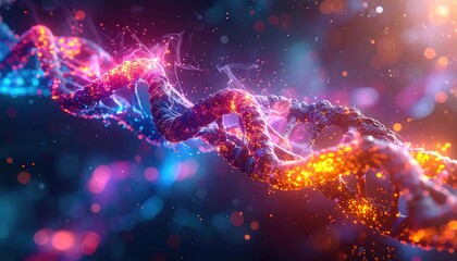 Abstract DNA Strand with Vibrant Colors and Particle Effects.