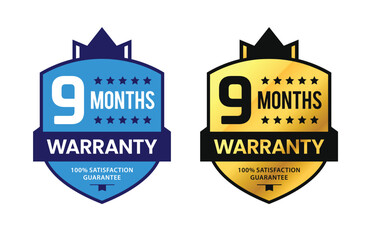 9 Month Warranty badge with unique gold shield and ribbon. For label, icon, seal, sign, stickers, tags, logo, symbol, stamp, template. Vector illustration