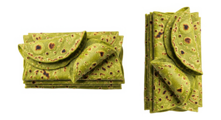 Stacks of delicious homemade green flatbreads like palak paratha, ready to eat isolated on transparent background