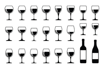 Collection of wine glasses and bottles in a monochrome style