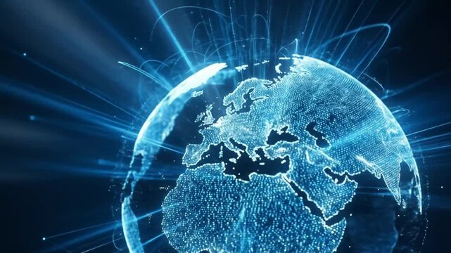 Global Network Connections Represented by a Digital Globe with Blue Light Radiating Outward Illustrate the Connected World and Data Transmission. 4k video
